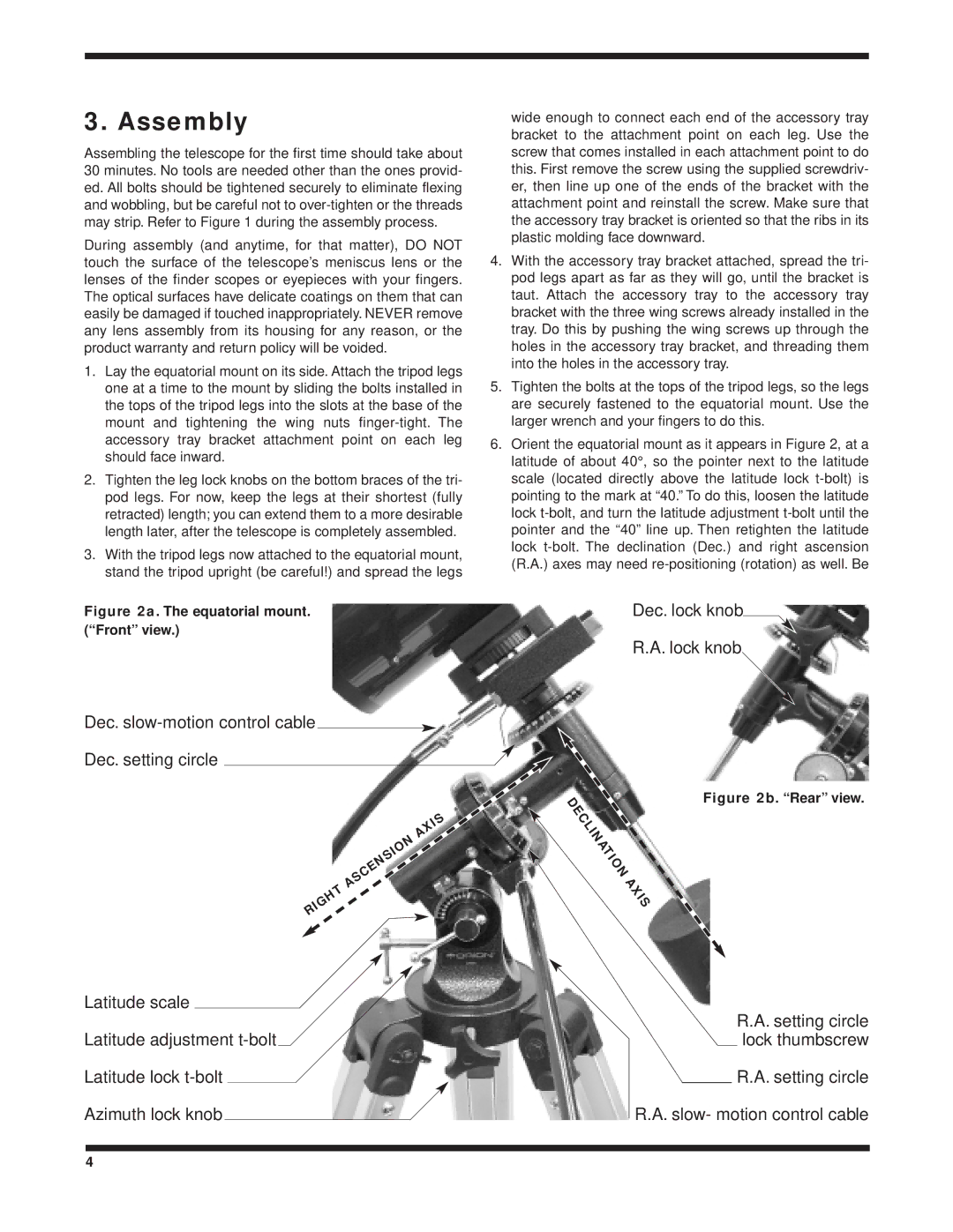 Orion 9824 instruction manual Assembly, Equatorial mount. Front view 