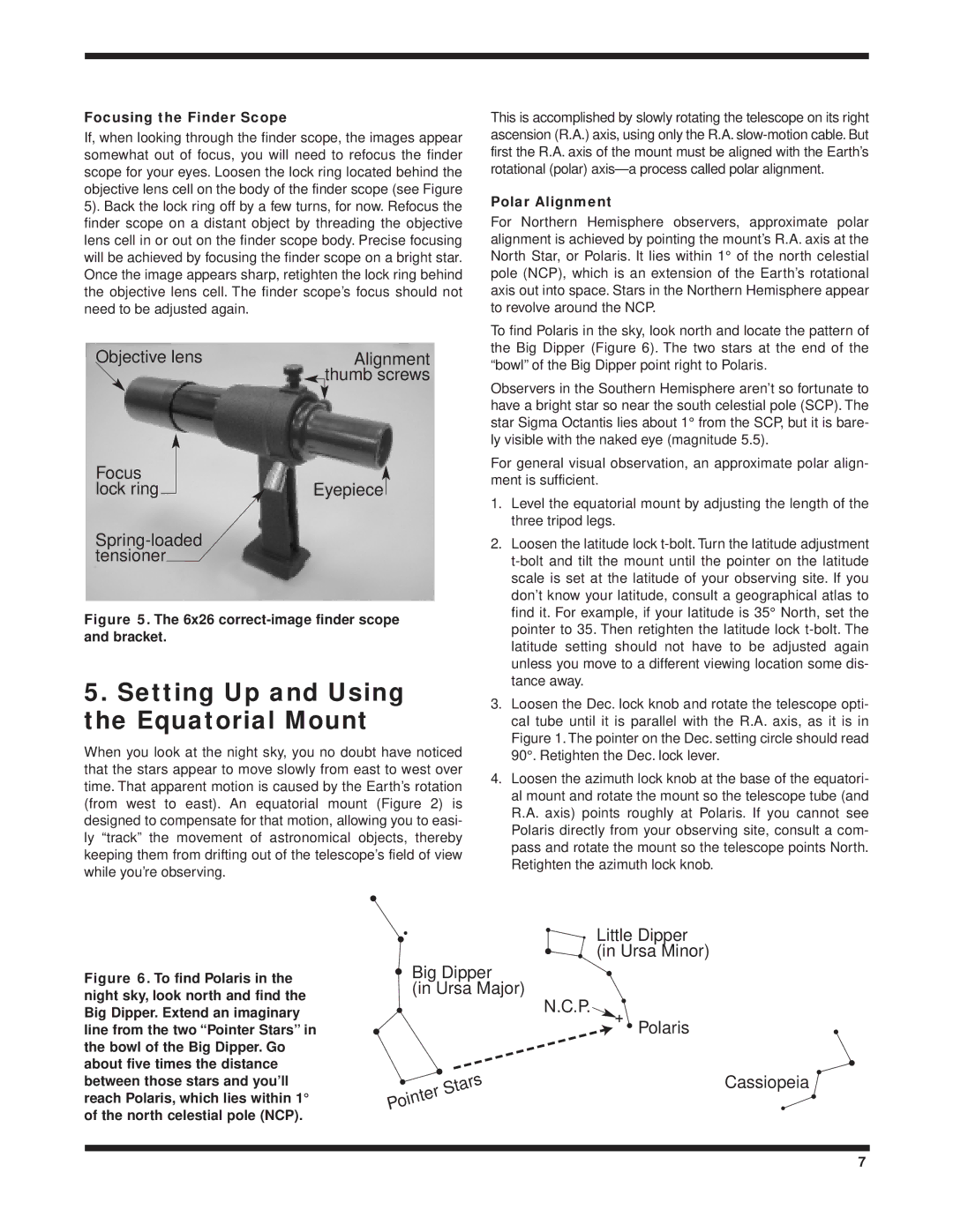 Orion 9824 instruction manual Setting Up and Using the Equatorial Mount, Focusing the Finder Scope, Polar Alignment 