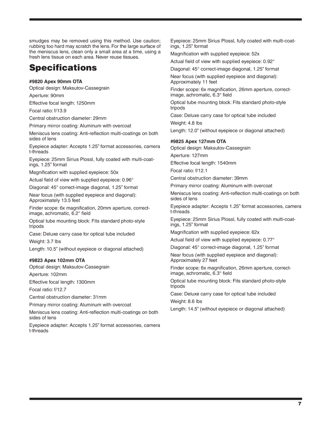 Orion instruction manual #9820 Apex 90mm OTA, #9823 Apex 102mm OTA, #9825 Apex 127mm OTA 