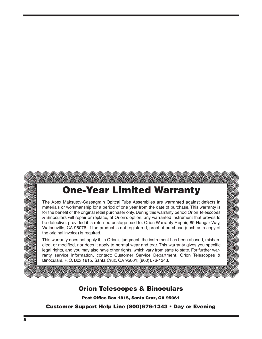 Orion 9820, 9825, 9823 instruction manual One-Year Limited Warranty 