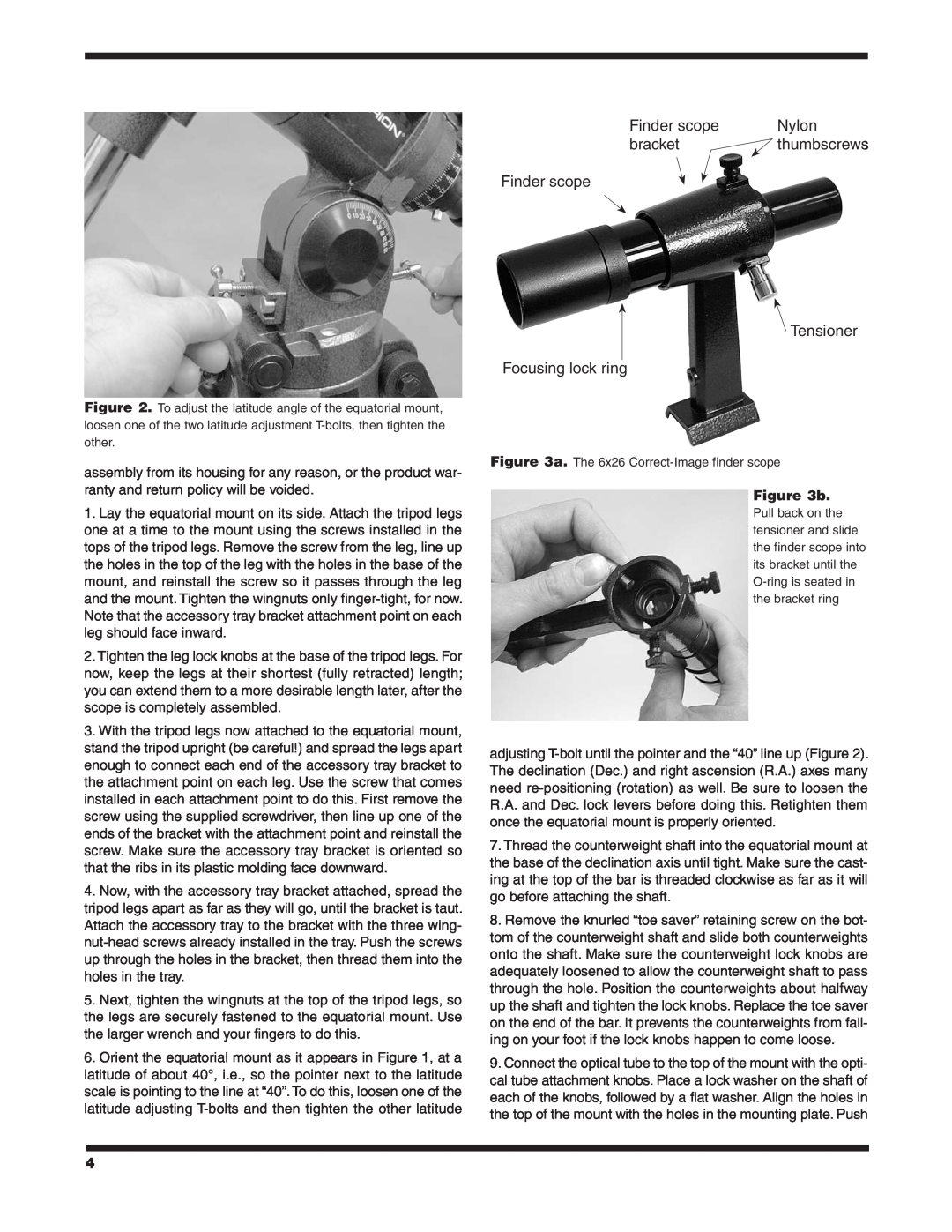 Orion 9826 instruction manual Nylon, bracket, thumbscrews, Finder scope Tensioner Focusing lock ring 