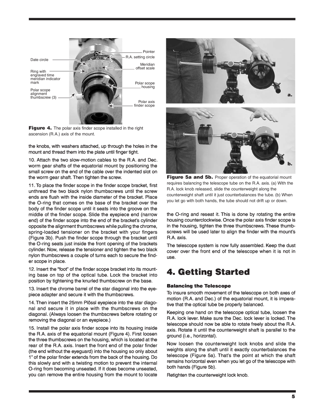 Orion 9826 instruction manual Getting Started, Balancing the Telescope 