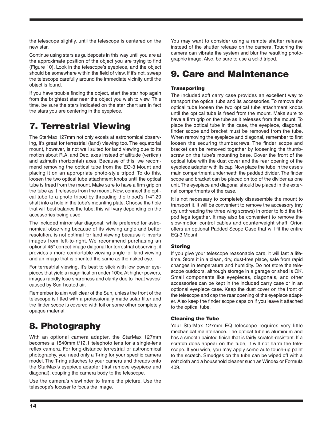 Orion 9826 instruction manual Terrestrial Viewing, Photography, Care and Maintenance 