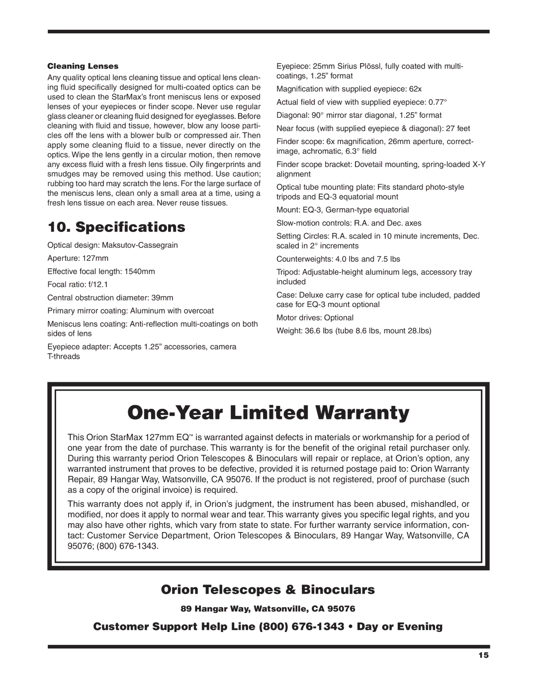 Orion 9826 instruction manual Specifications, Cleaning Lenses 