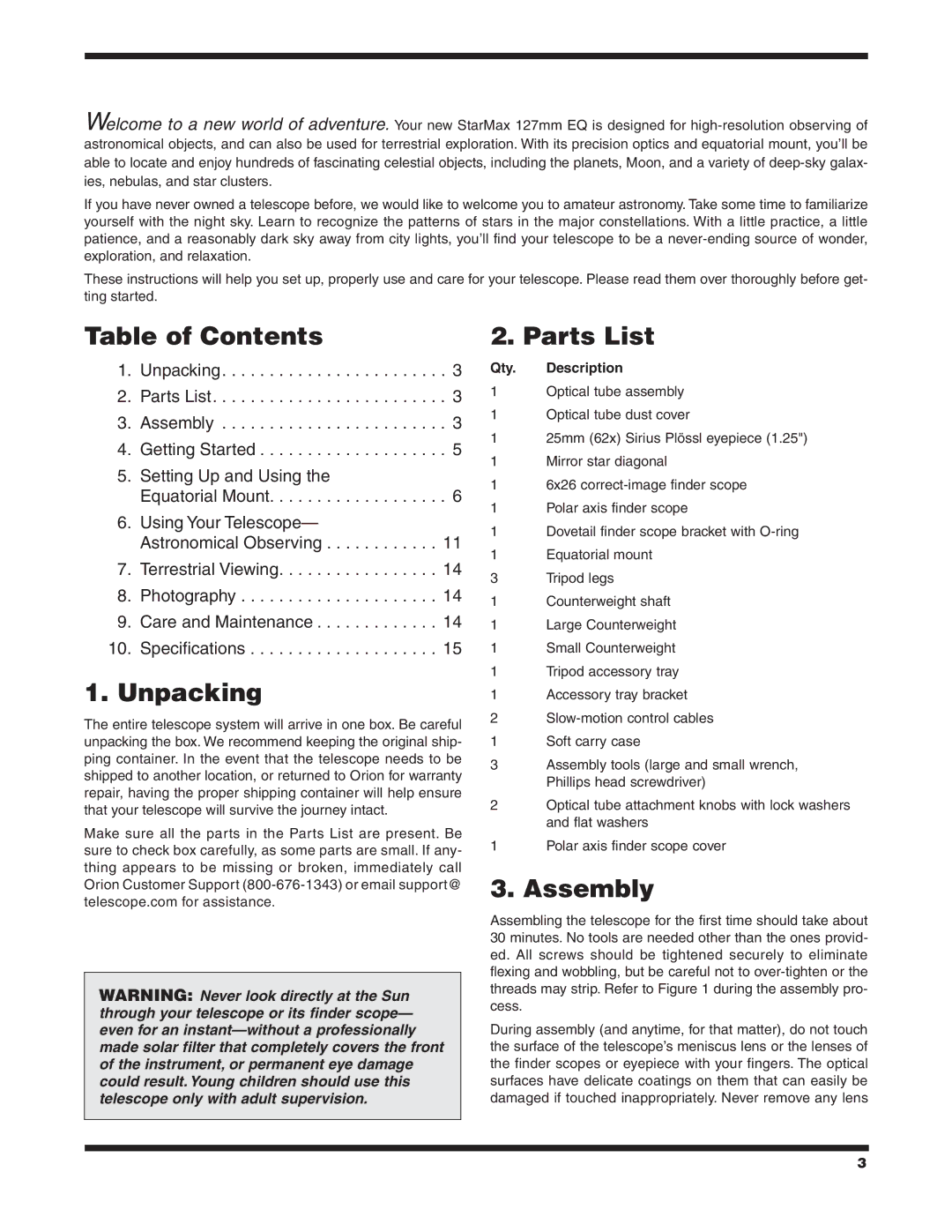 Orion 9826 instruction manual Table of Contents, Unpacking, Parts List, Assembly 