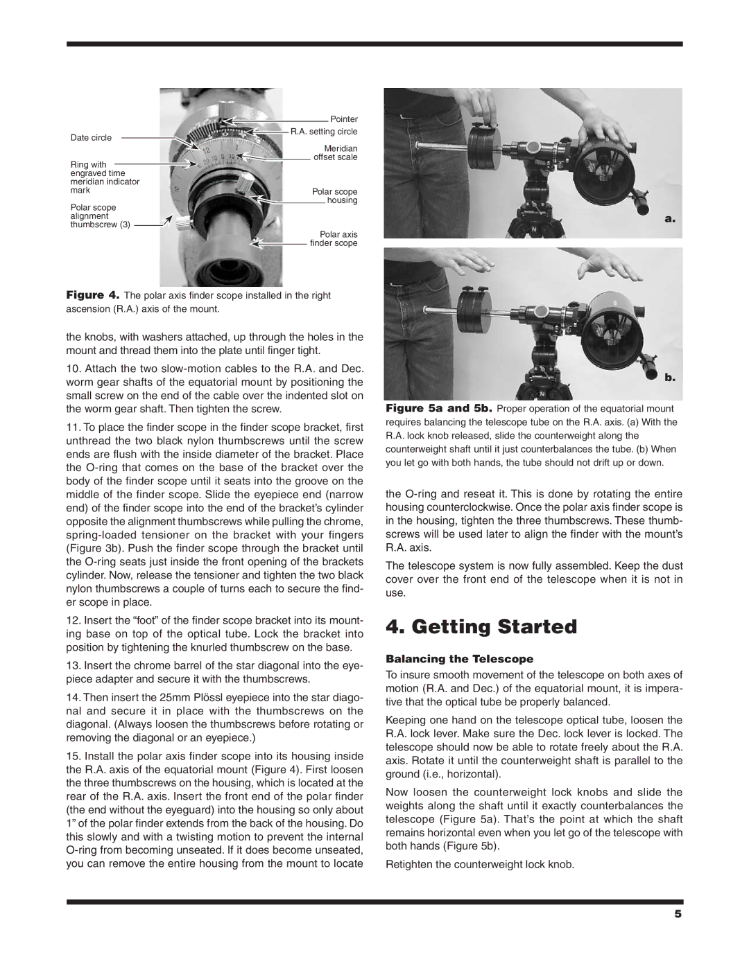 Orion 9826 instruction manual Getting Started, Balancing the Telescope 