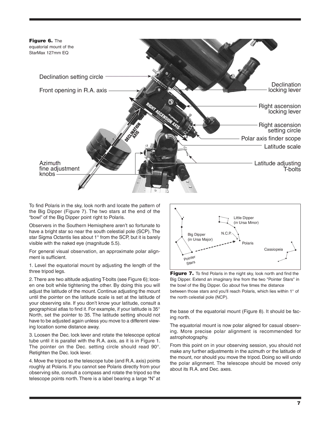 Orion 9826 instruction manual Declination setting circle Front opening in R.A. axis 