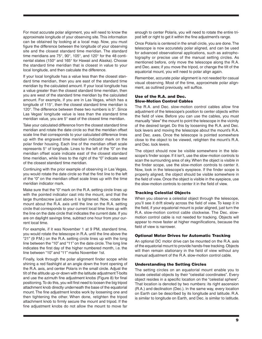 Orion 9826 instruction manual Use of the R.A. and Dec Slow-Motion Control Cables, Tracking Celestial Objects 