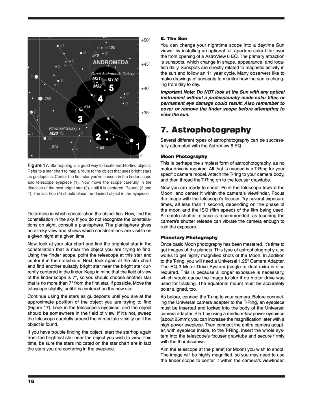 Orion 9827 instruction manual Astrophotography, E. The Sun, Moon Photography, Planetary Photography 