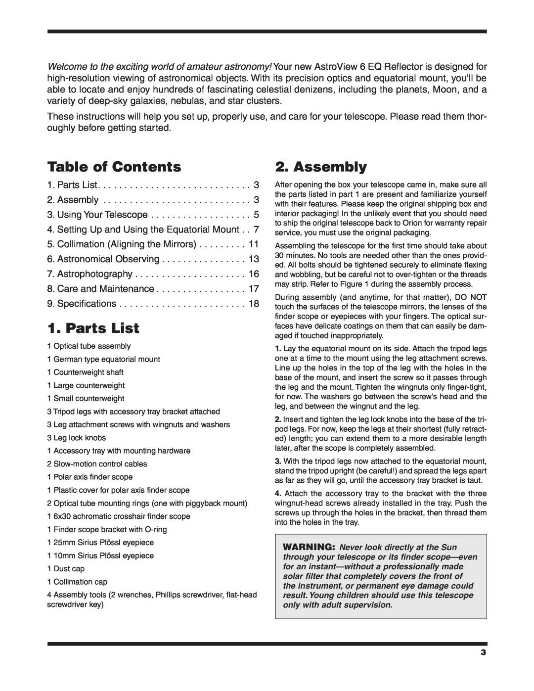 Orion 9827 instruction manual Table of Contents, Parts List 2. Assembly 3. Using Your Telescope 