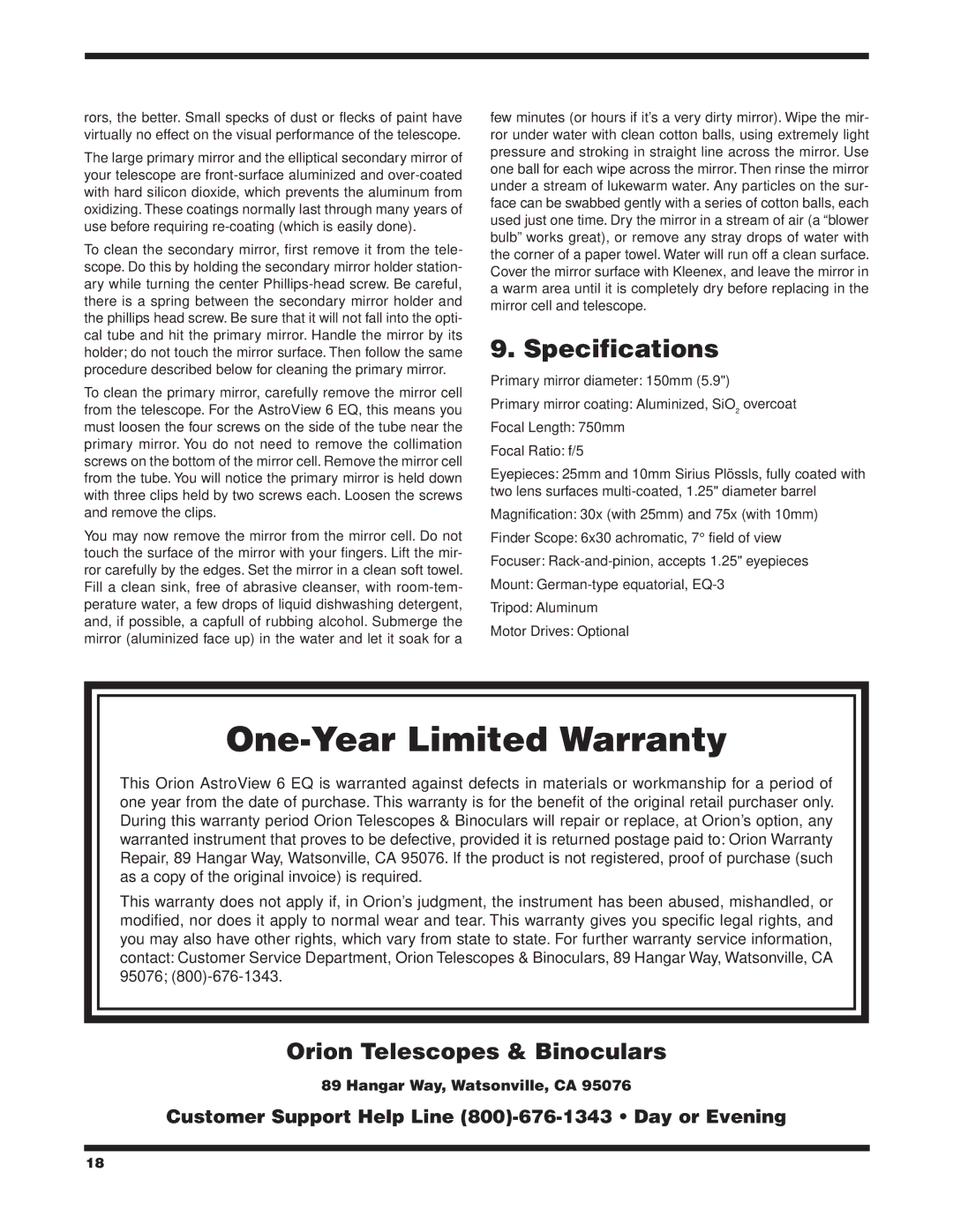 Orion 9827 instruction manual One-Year Limited Warranty, Specifications 