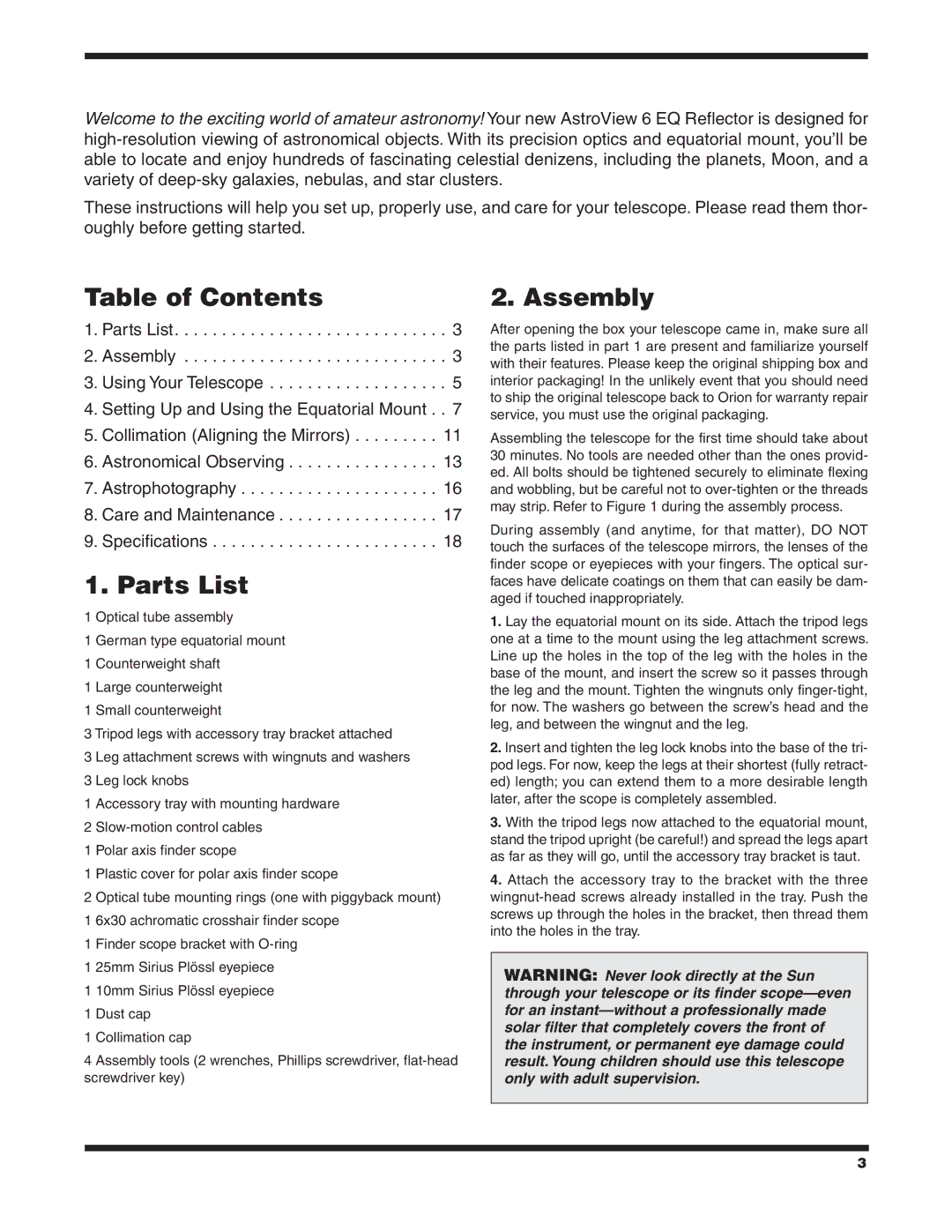 Orion 9827 instruction manual Table of Contents, Parts List, Assembly 