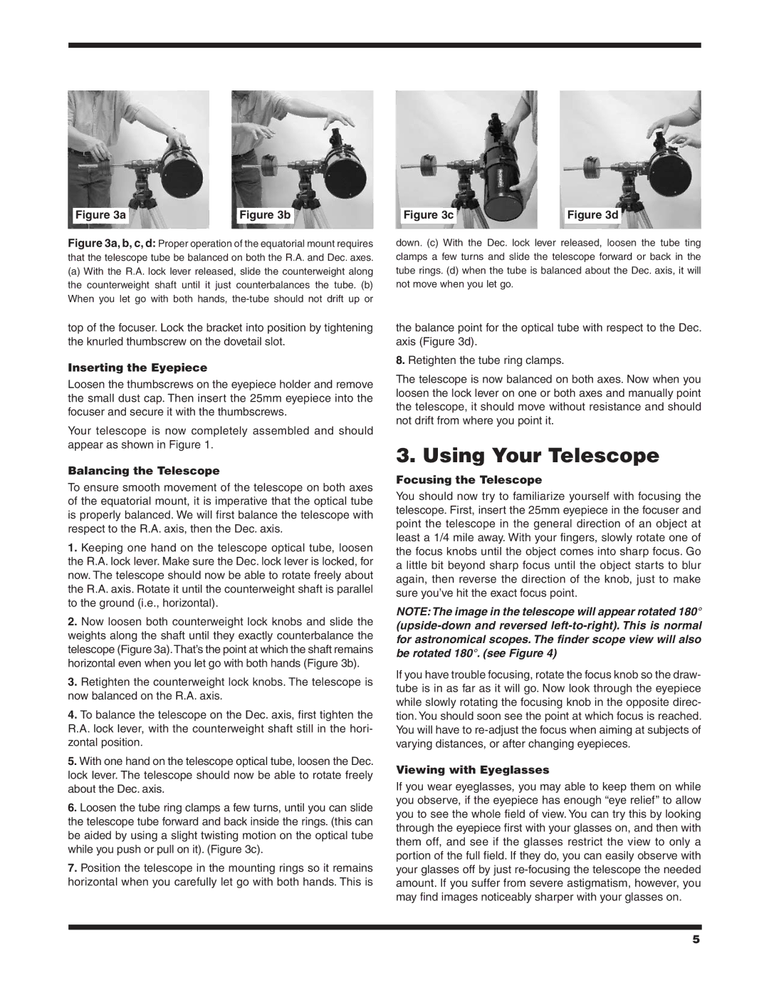 Orion 9827 instruction manual Using Your Telescope, Inserting the Eyepiece, Balancing the Telescope, Focusing the Telescope 