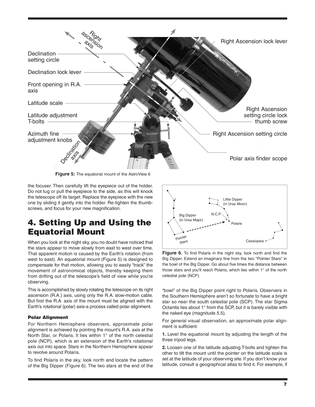 Orion 9827 instruction manual Setting Up and Using the Equatorial Mount, Polar Alignment 