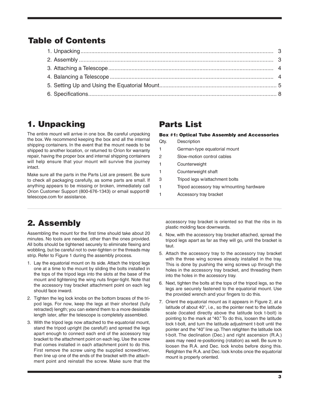 Orion 9828 instruction manual Table of Contents, Unpacking, Parts List, Assembly 