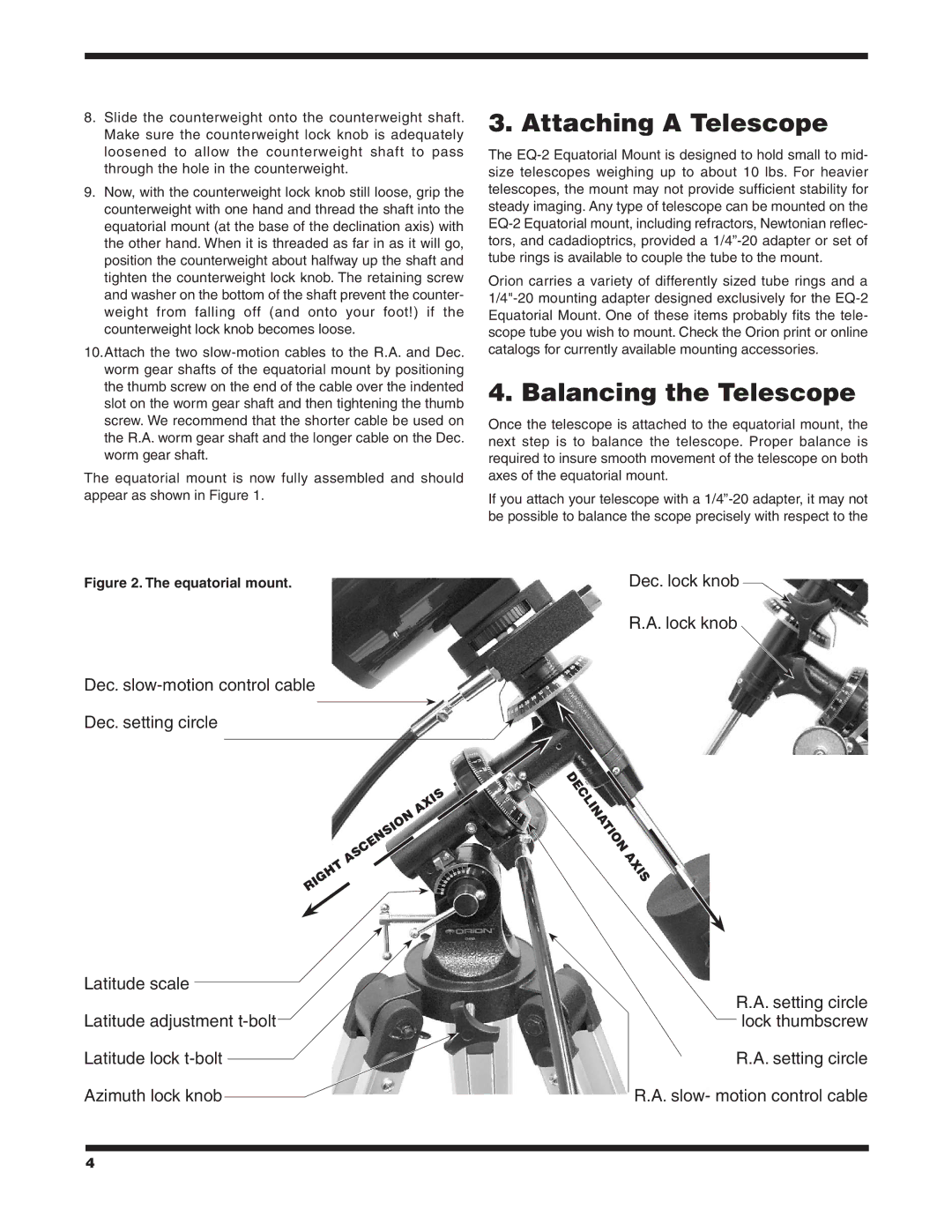 Orion 9828 instruction manual Attaching a Telescope, Balancing the Telescope 