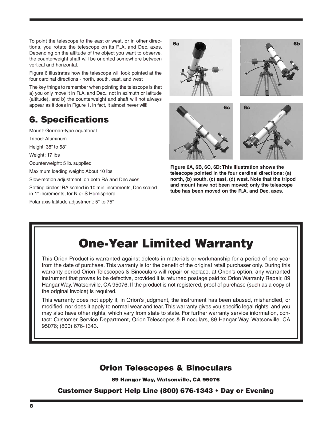 Orion 9828 instruction manual Specifications, 6c 6c 