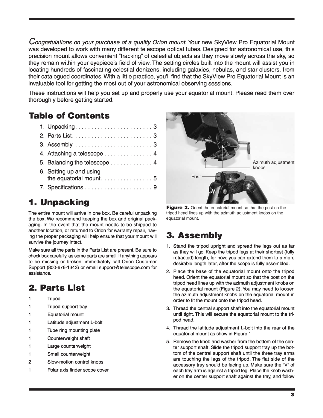 Orion 9829 Table of Contents, Unpacking, Parts List, Assembly, Balancing the telescope 6. Setting up and using 
