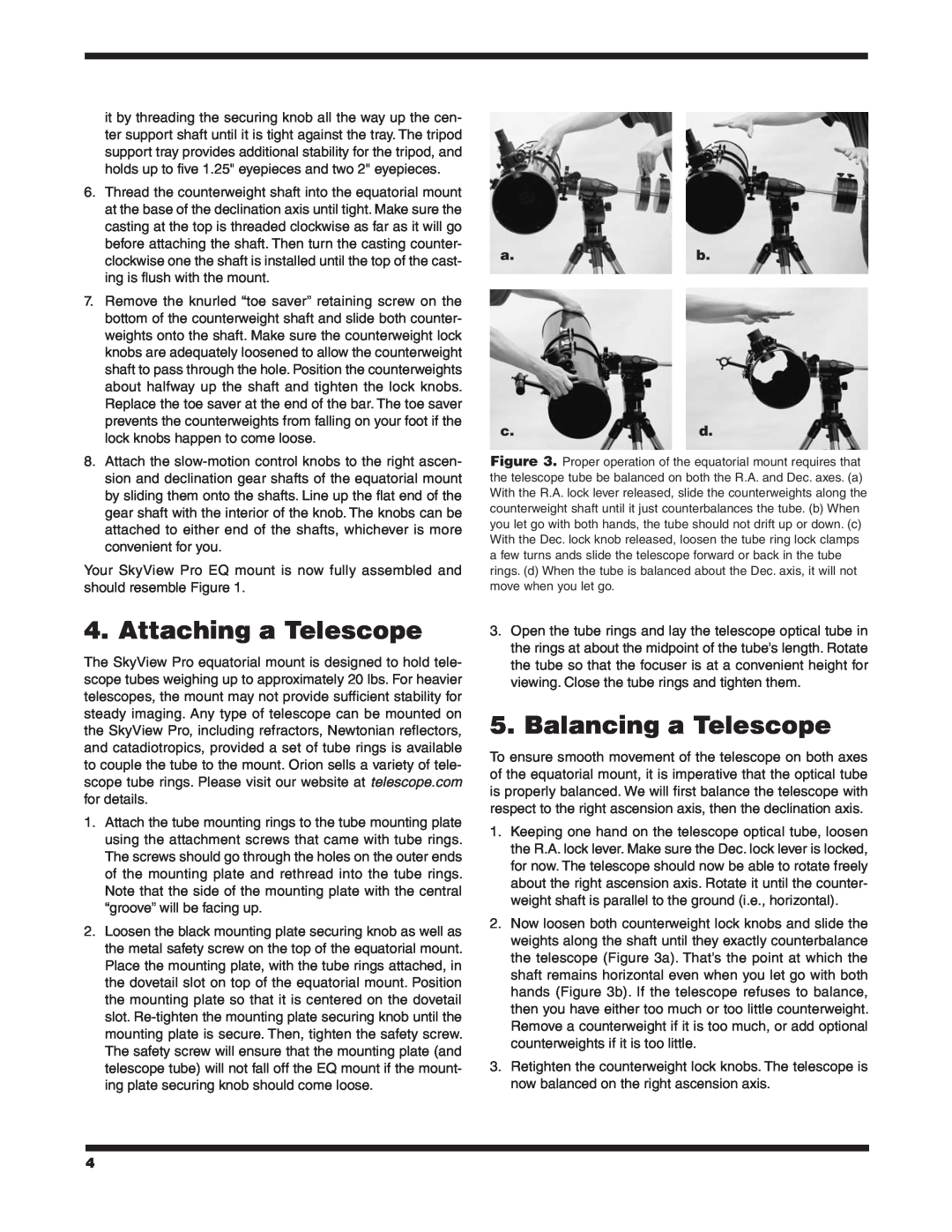 Orion 9829 instruction manual Attaching a Telescope, Balancing a Telescope, a.b c.d 