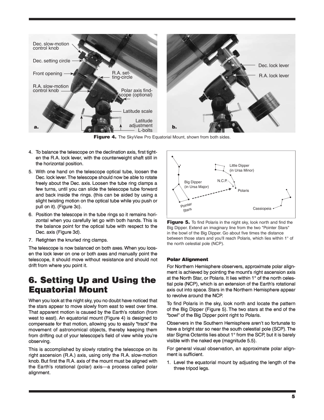 Orion 9829 instruction manual Setting Up and Using the Equatorial Mount, Polar Alignment 