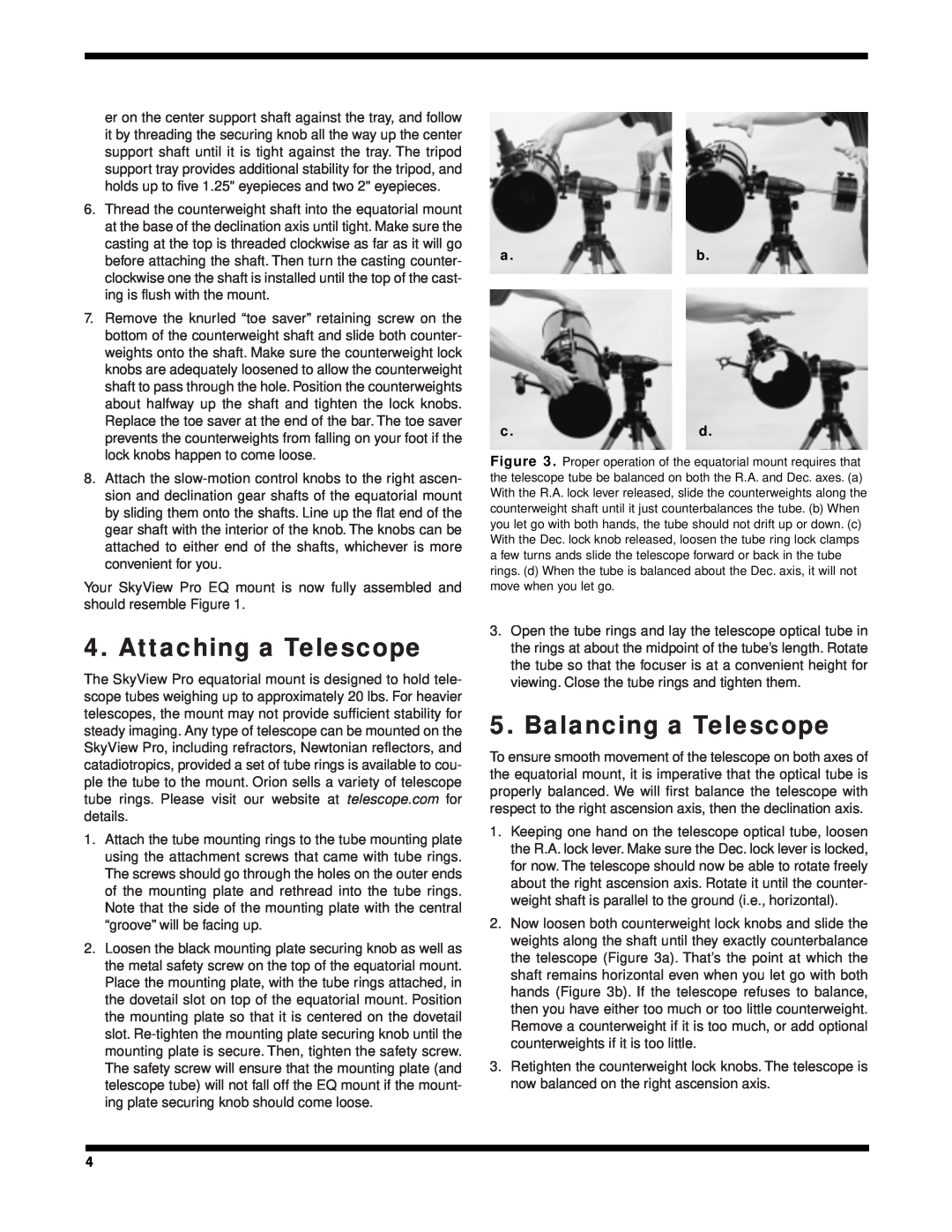 Orion 9829 instruction manual Attaching a Telescope, Balancing a Telescope, a.b c.d 
