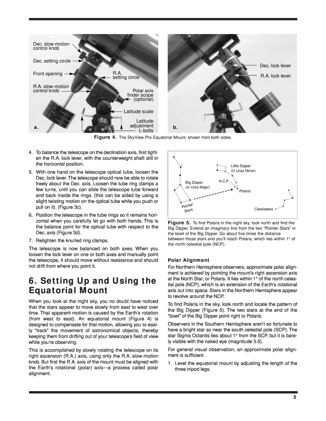 Orion 9829 instruction manual Setting Up and Using the Equatorial Mount, Polar Alignment 