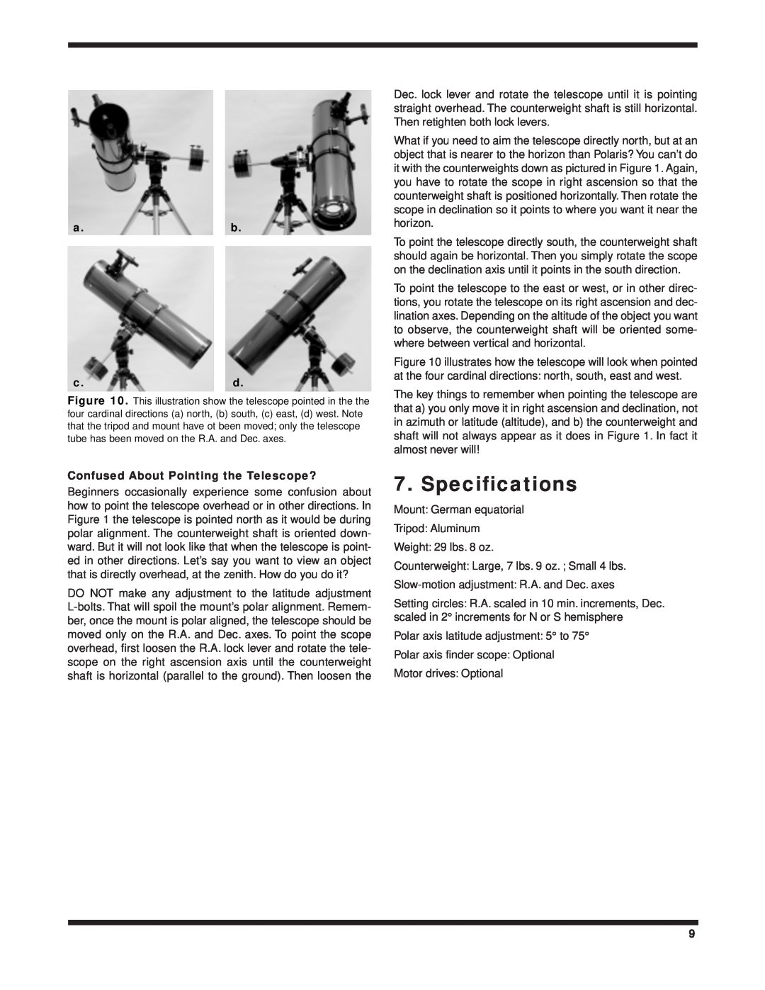 Orion 9829 instruction manual Specifications, a.b c.d, Confused About Pointing the Telescope? 