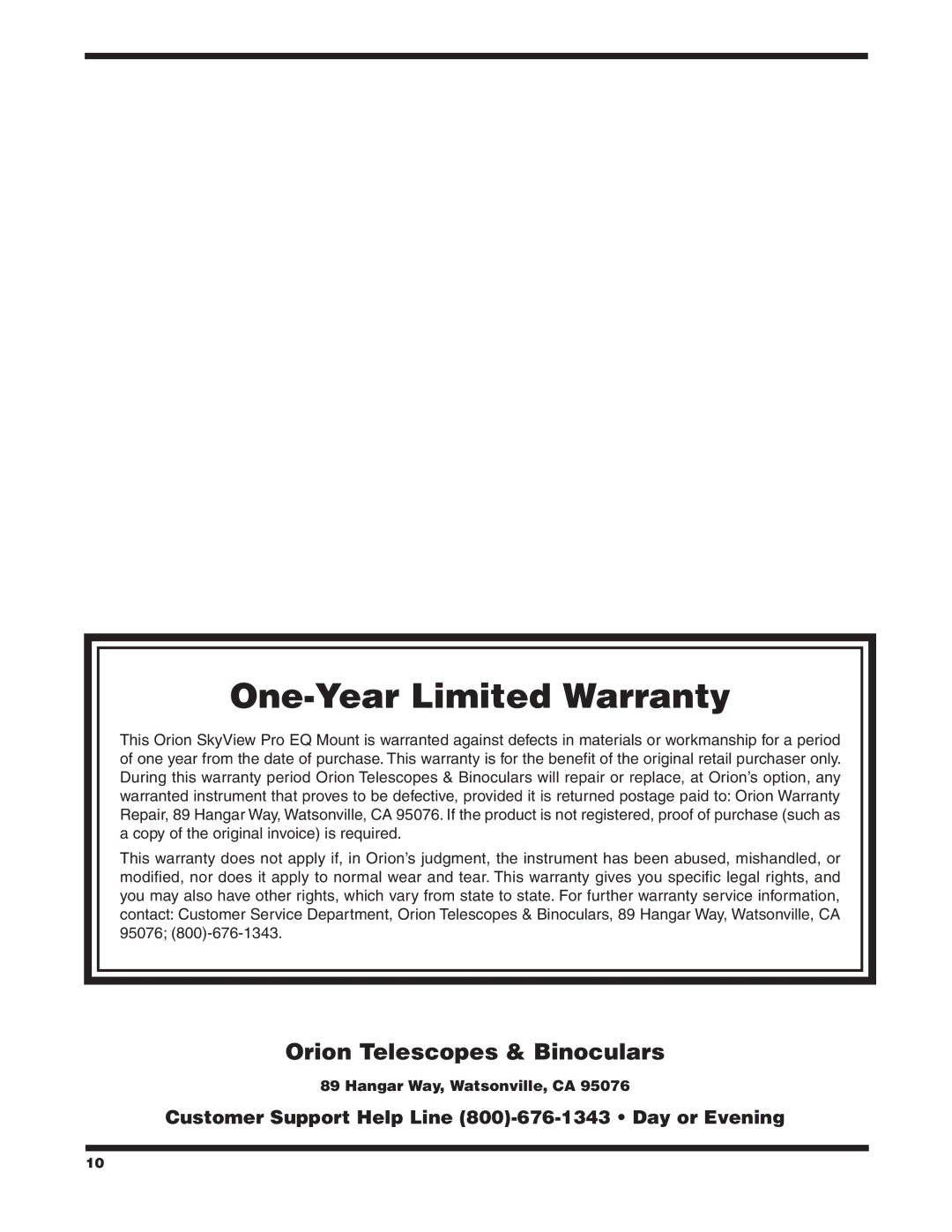 Orion 9829 instruction manual One-Year Limited Warranty 