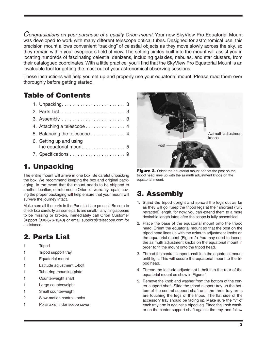 Orion 9829 instruction manual Table of Contents, Unpacking, Parts List, Assembly 