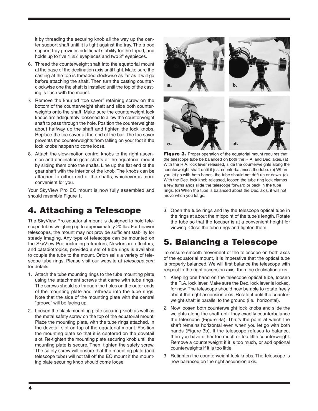 Orion 9829 instruction manual Attaching a Telescope, Balancing a Telescope 