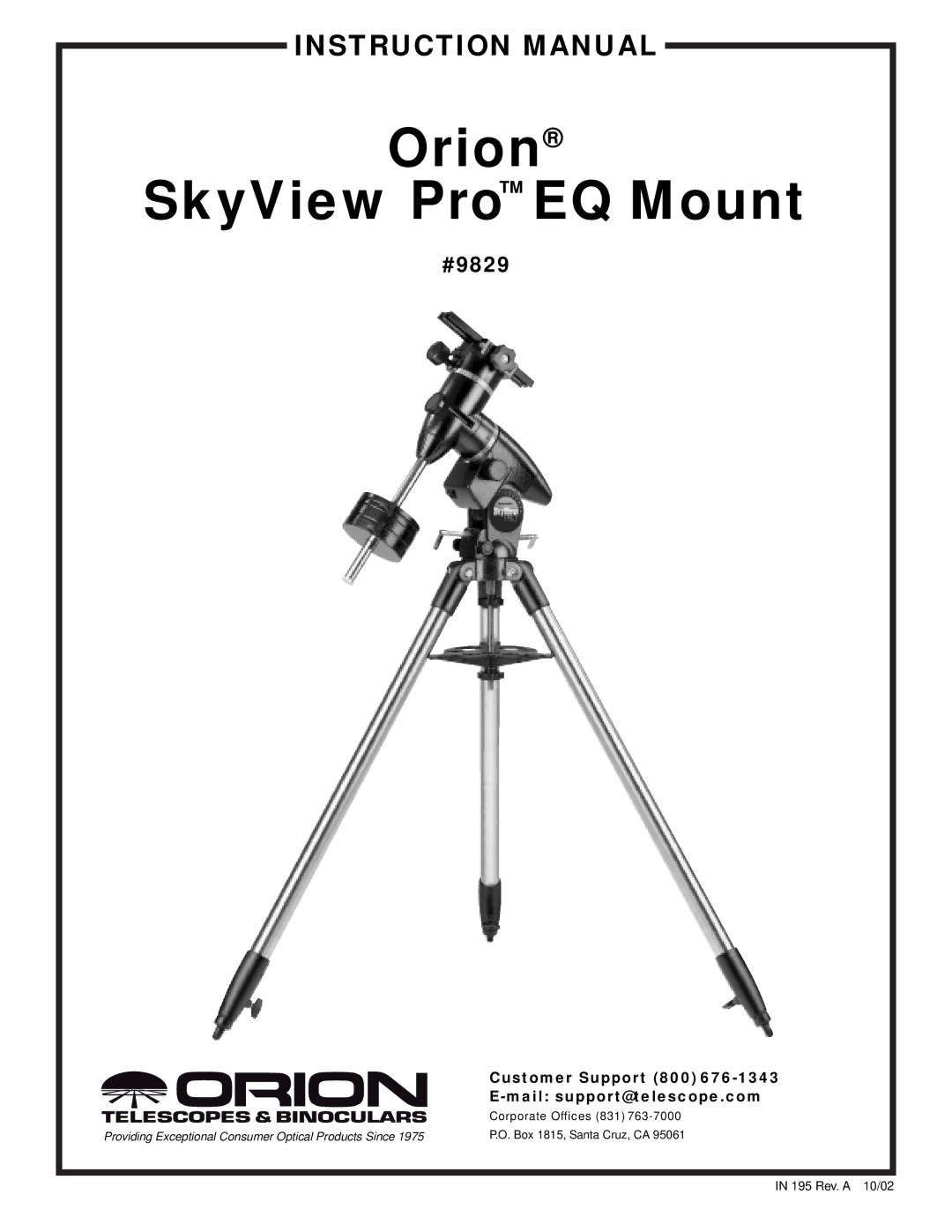 Orion instruction manual Orion SkyView Pro EQ Mount, #9829 