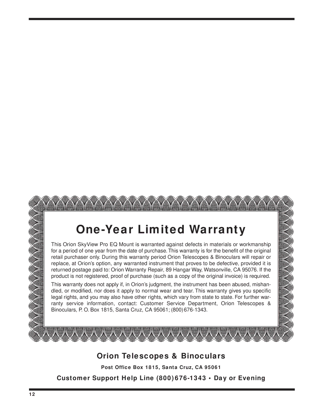 Orion 9829 instruction manual One-Year Limited Warranty 