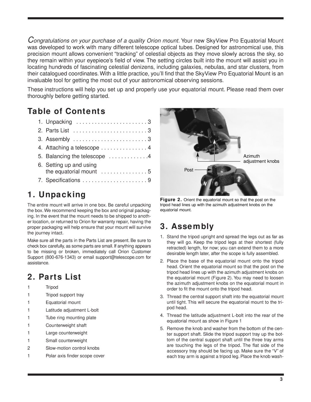 Orion 9829 instruction manual Table of Contents, Unpacking, Parts List, Assembly 