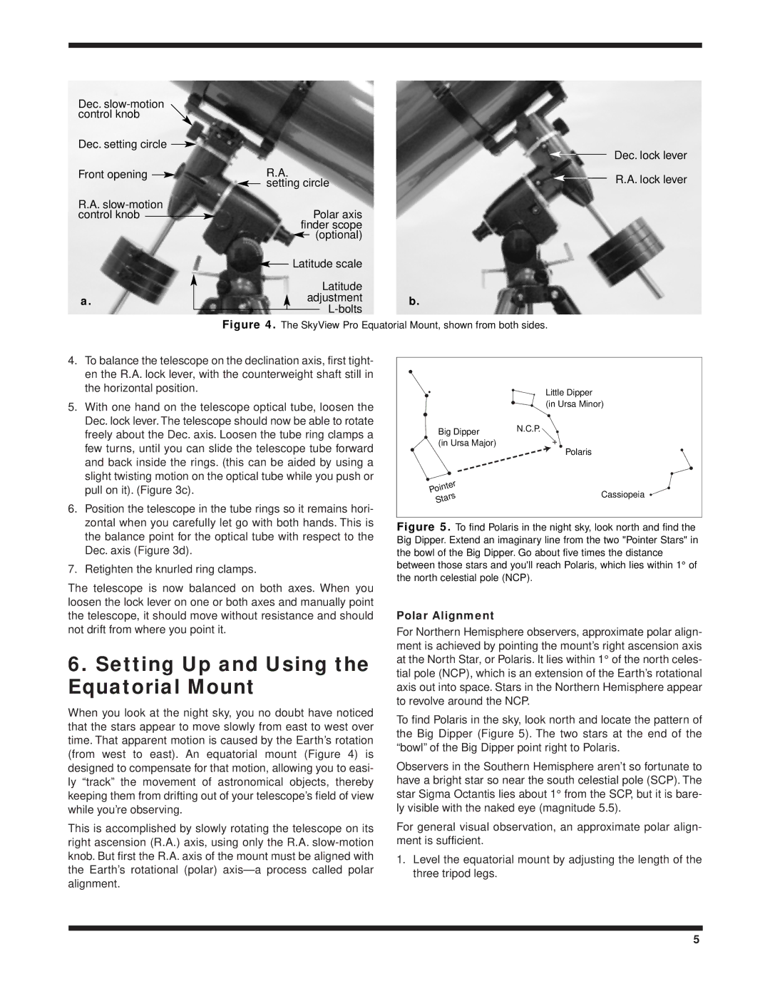 Orion 9829 instruction manual Setting Up and Using the Equatorial Mount, Polar Alignment 