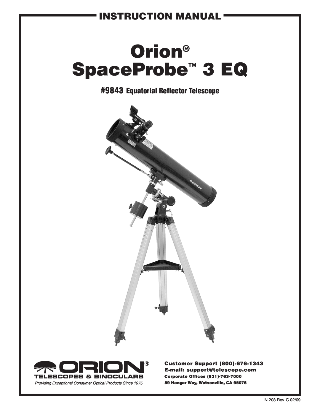 Orion instruction manual #9843 Equatorial Reflector Telescope, Customer Support 800‑676-1343, Orion SpaceProbe 3 EQ 