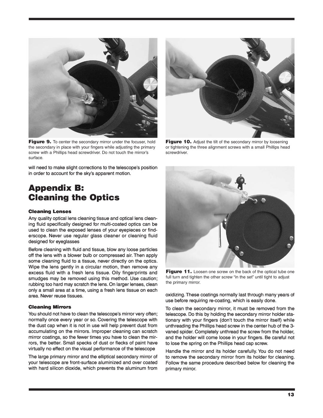 Orion 9843 instruction manual Appendix B Cleaning the Optics, Cleaning Lenses, Cleaning Mirrors 