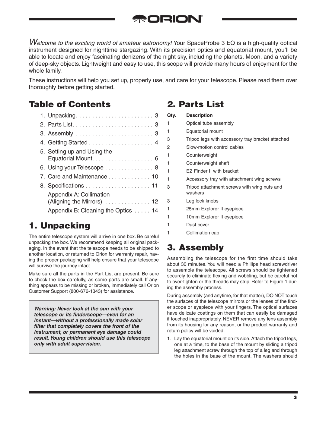 Orion 9843 Table of Contents, Unpacking 2. Parts List 3. Assembly 4. Getting Started, Qty. Description 