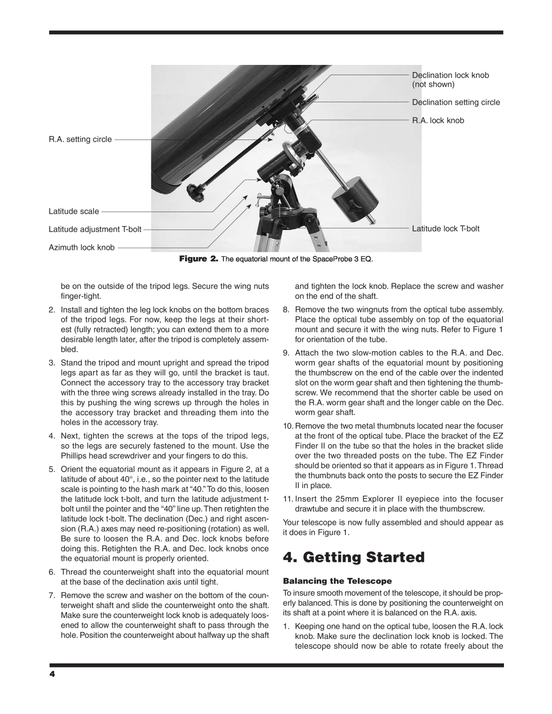 Orion 9843 instruction manual Getting Started, Balancing the Telescope 