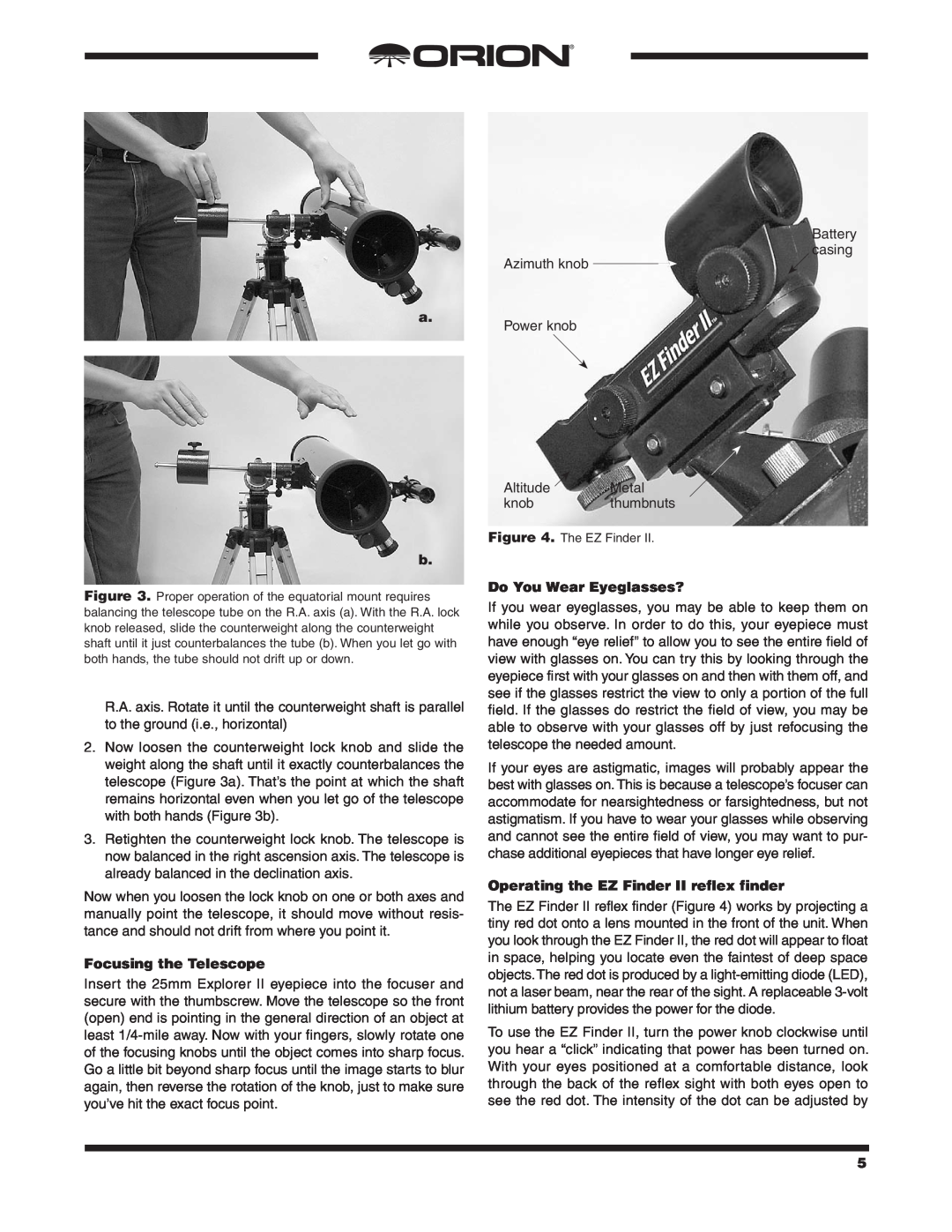 Orion 9843 instruction manual Focusing the Telescope, Do You Wear Eyeglasses?, Operating the EZ Finder II reflex finder 