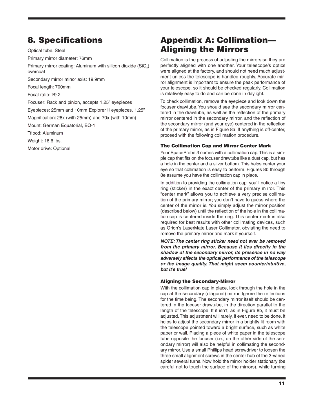 Orion 9843 Specifications, Appendix a Collimation- Aligning the Mirrors, Collimation Cap and Mirror Center Mark 