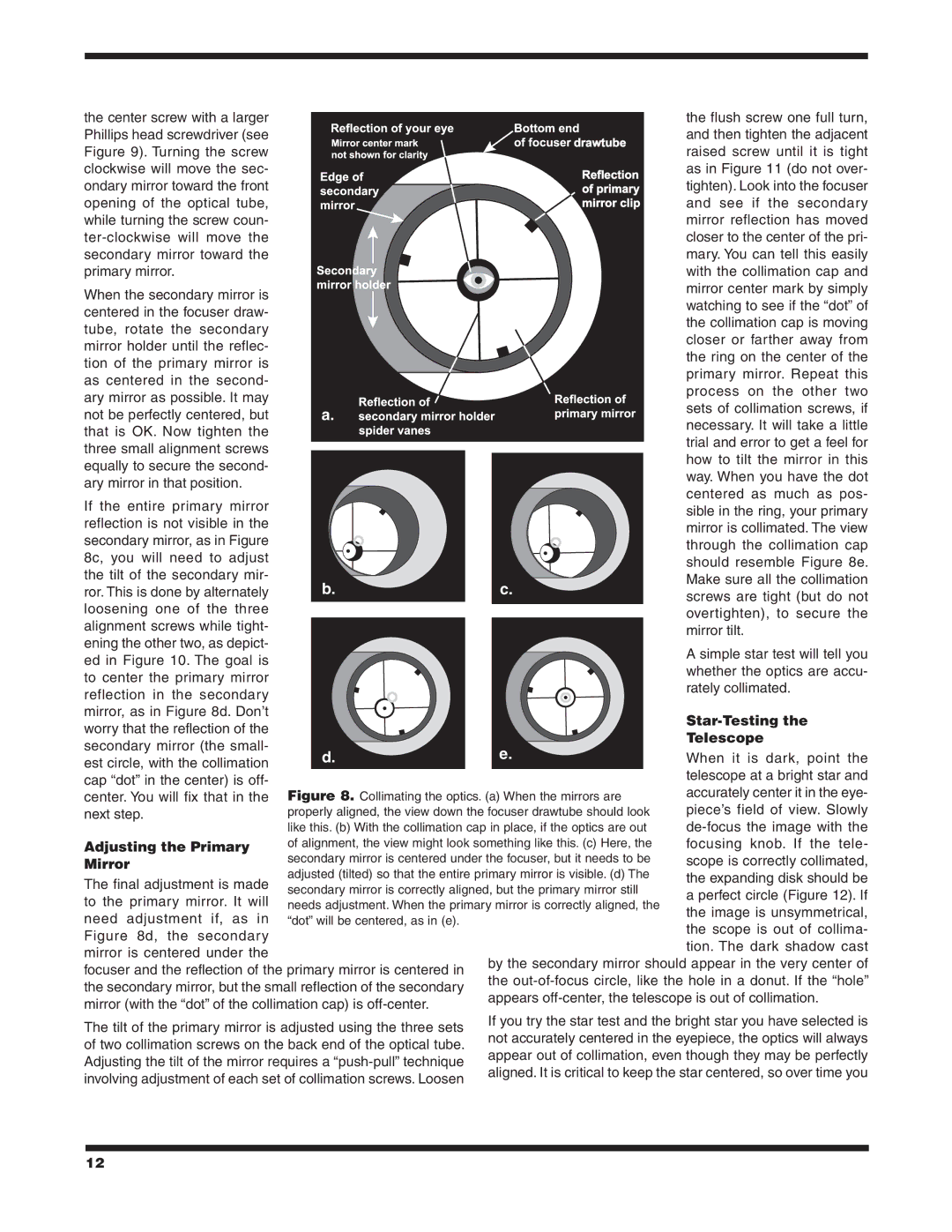 Orion 9843 instruction manual Star-Testing, Telescope, Adjusting the Primary, Mirror 