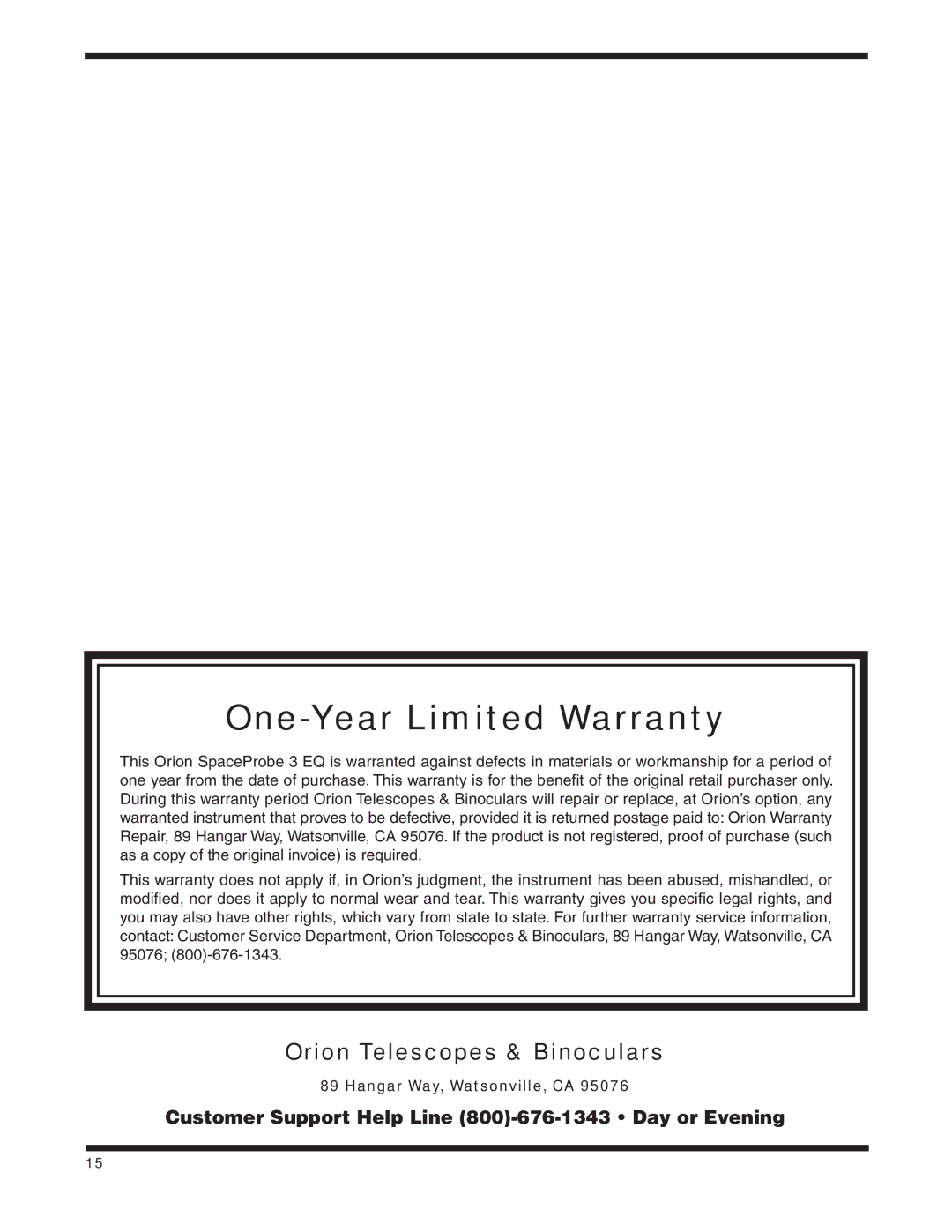 Orion 9843 instruction manual One-Year Limited Warranty 