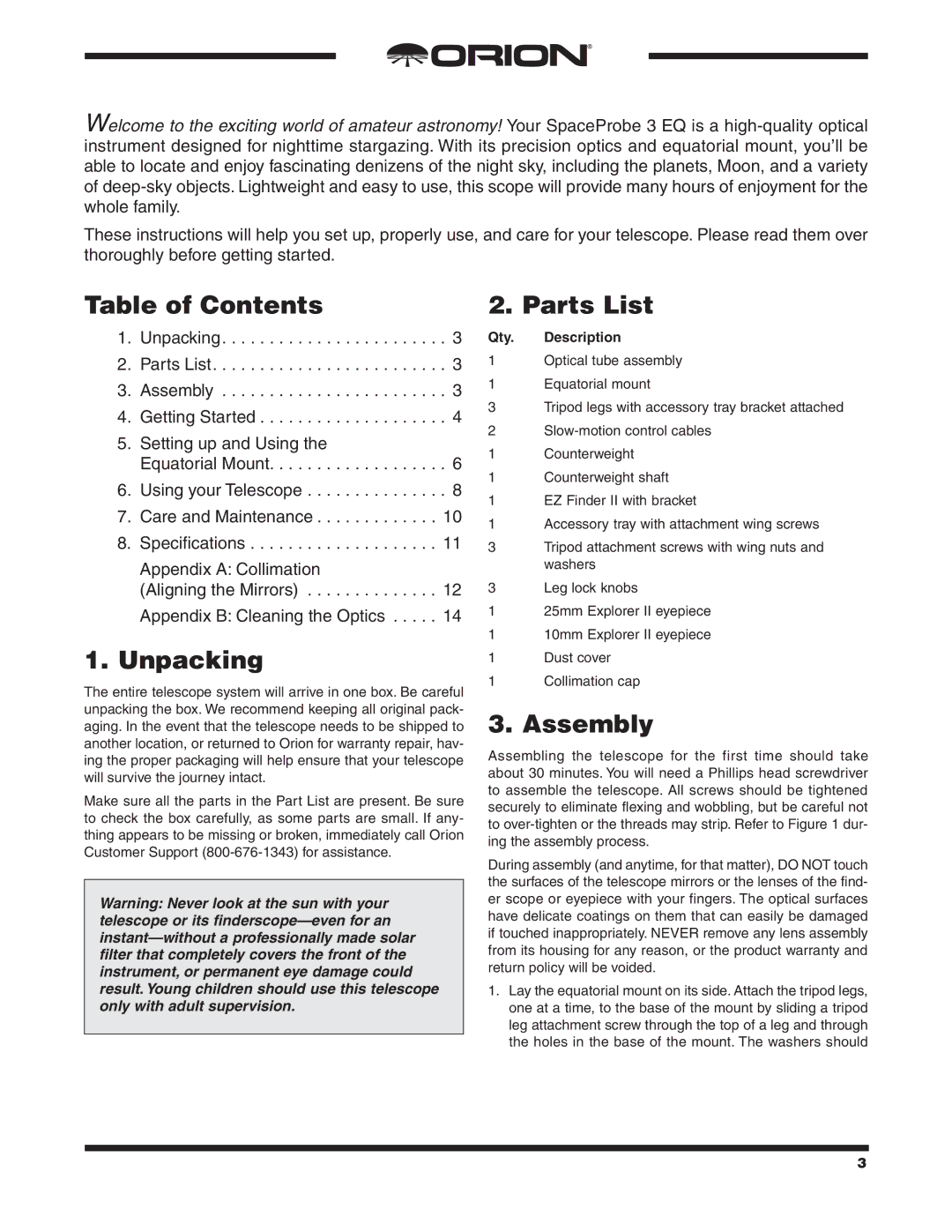 Orion 9843 instruction manual Table of Contents, Unpacking, Parts List, Assembly 