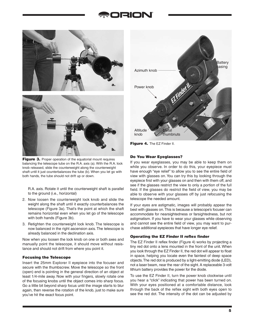 Orion 9843 instruction manual Focusing the Telescope, Do You Wear Eyeglasses?, Operating the EZ Finder II reflex finder 