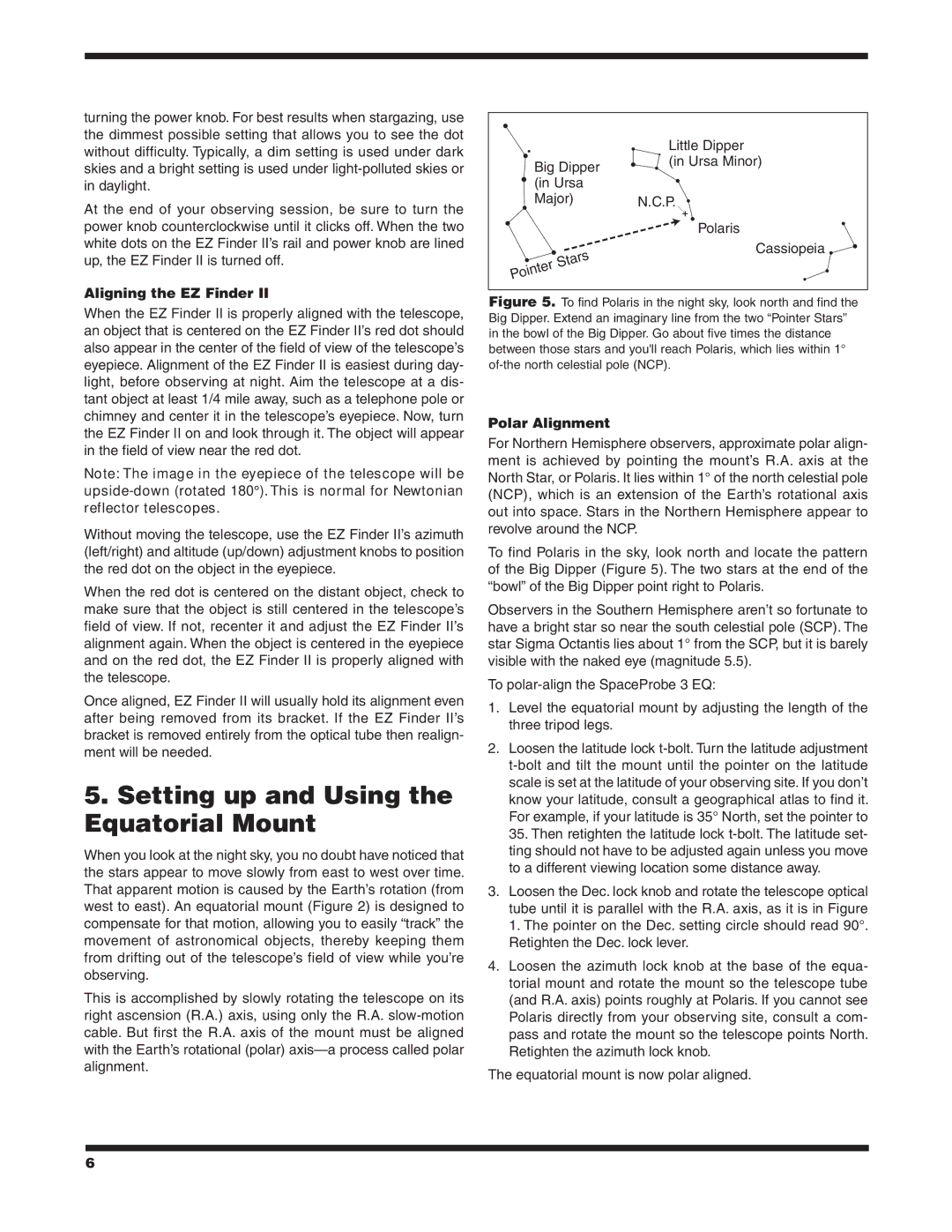 Orion 9843 instruction manual Setting up and Using the Equatorial Mount, Aligning the EZ Finder, Polar Alignment 