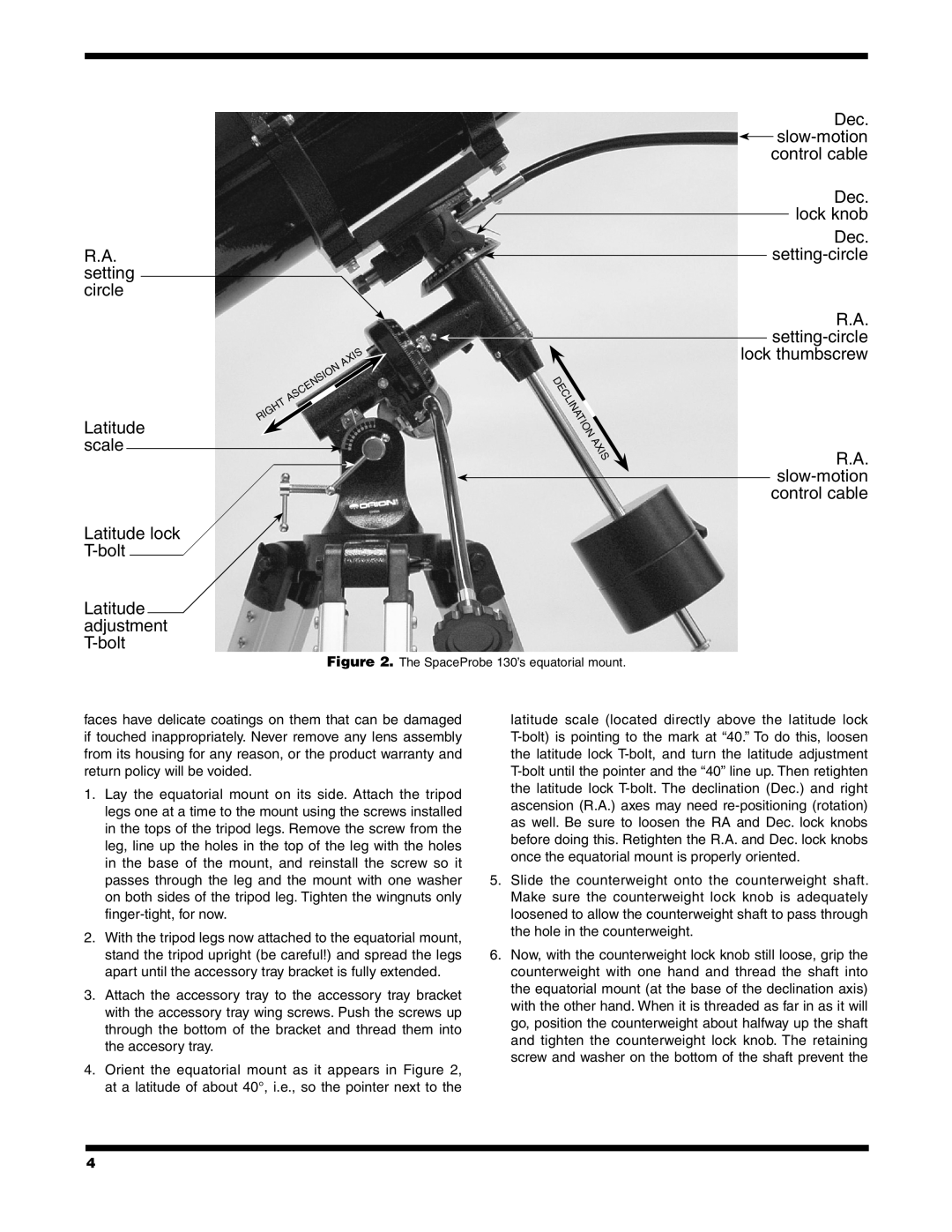 Orion 9851 R.A. setting circle Latitude scale Latitude lock T-bolt, Latitude adjustment T-bolt, Dec. setting‑circle 