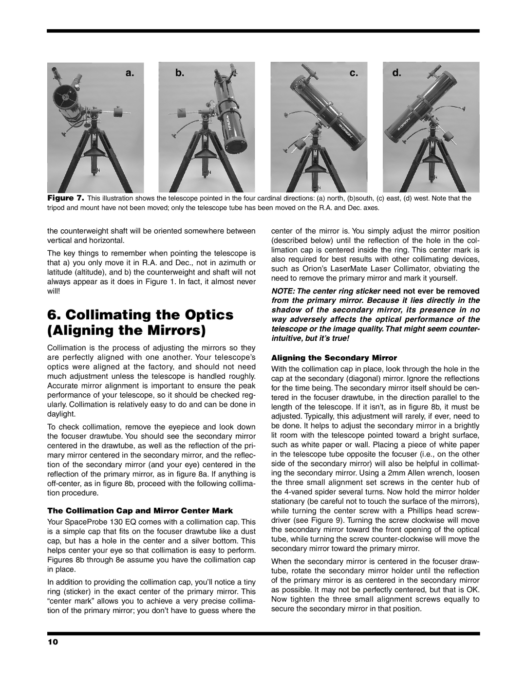 Orion 9851 instruction manual Collimating the Optics Aligning the Mirrors, Collimation Cap and Mirror Center Mark 