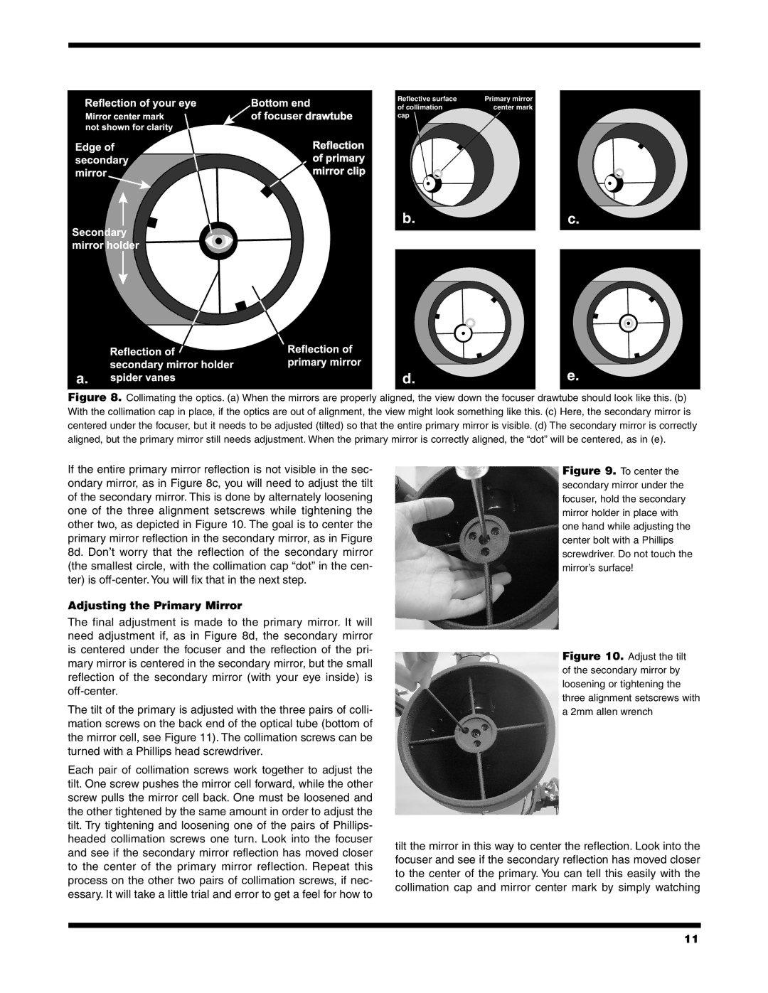 Orion 9851 instruction manual Adjusting the Primary Mirror, Drawtube Reflection of primary mirror clip 