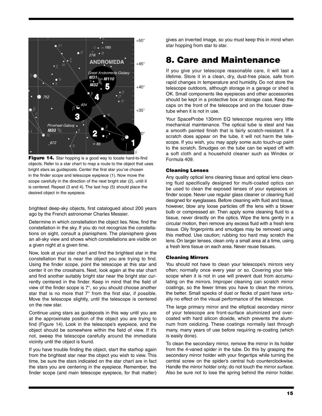 Orion 9851 instruction manual Care and Maintenance, Cleaning Lenses, Cleaning Mirrors 