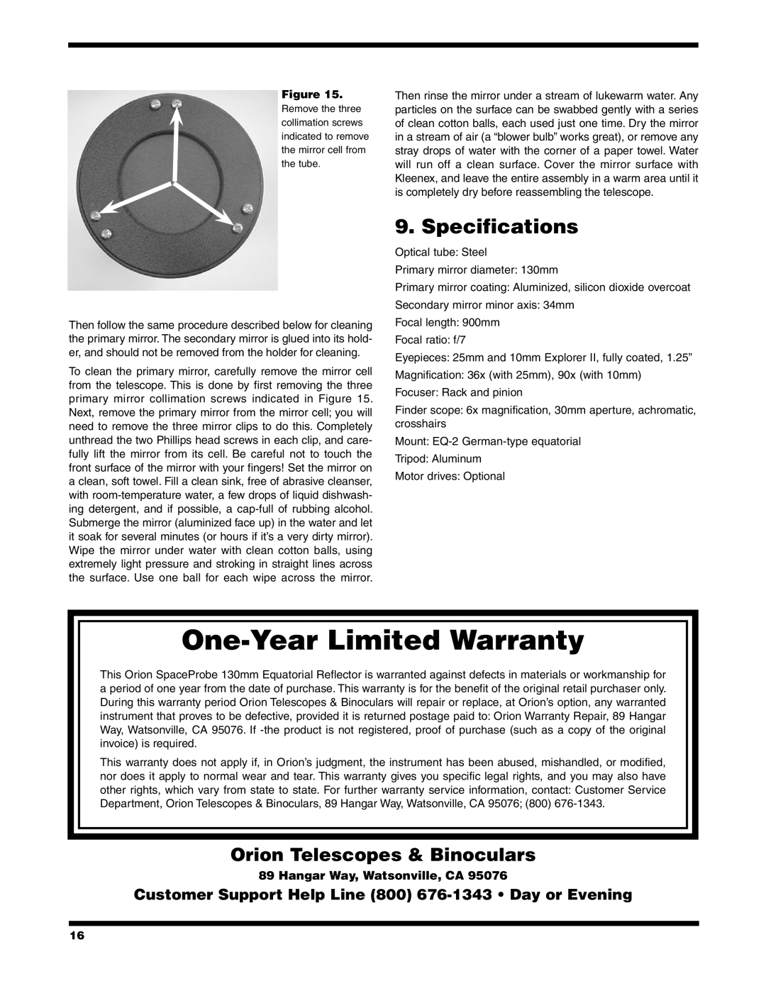 Orion 9851 instruction manual One-Year Limited Warranty, Specifications 